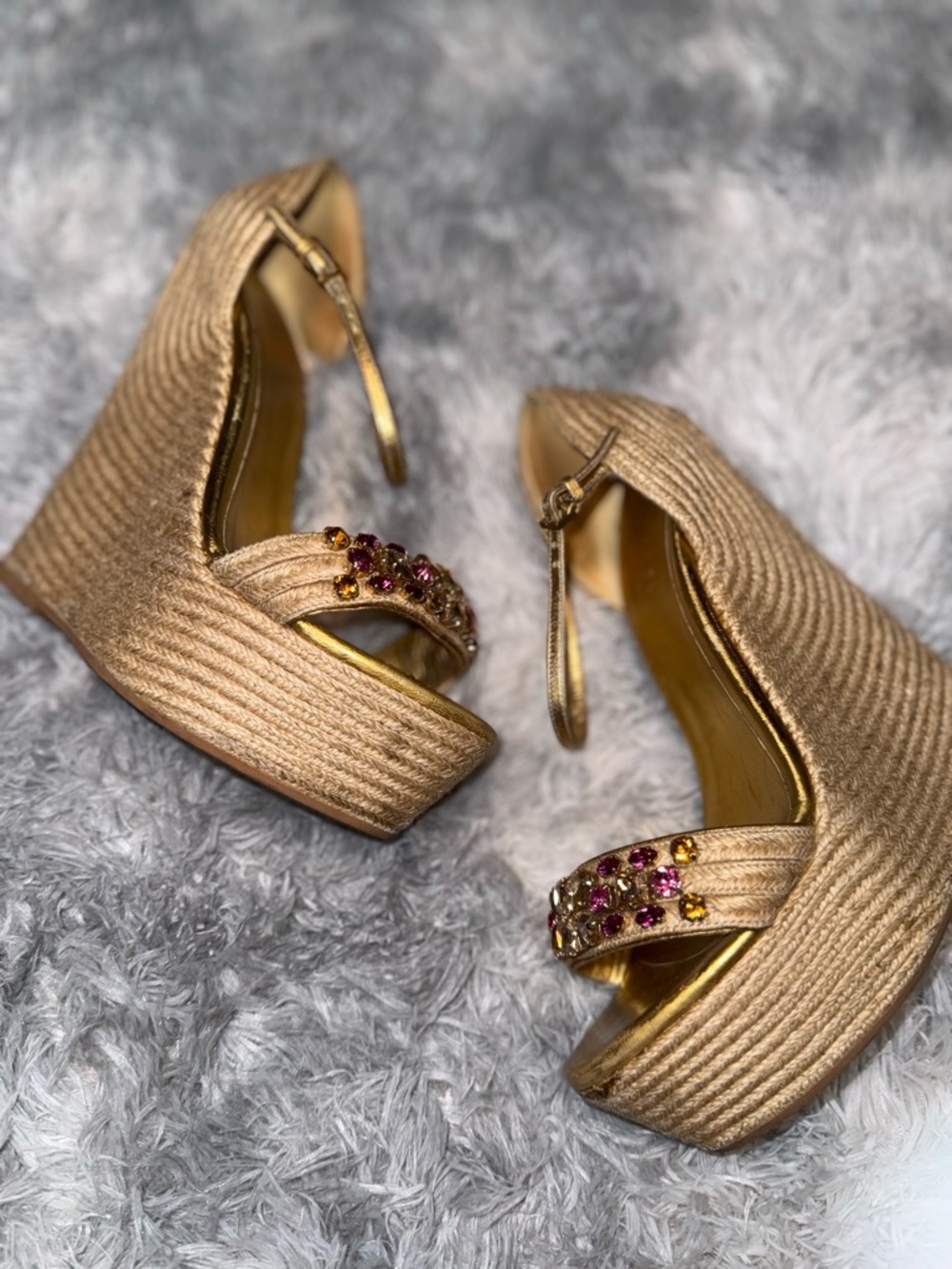 Gucci Gold Espadrille Wedge Sandals with Pink Crystal Detail